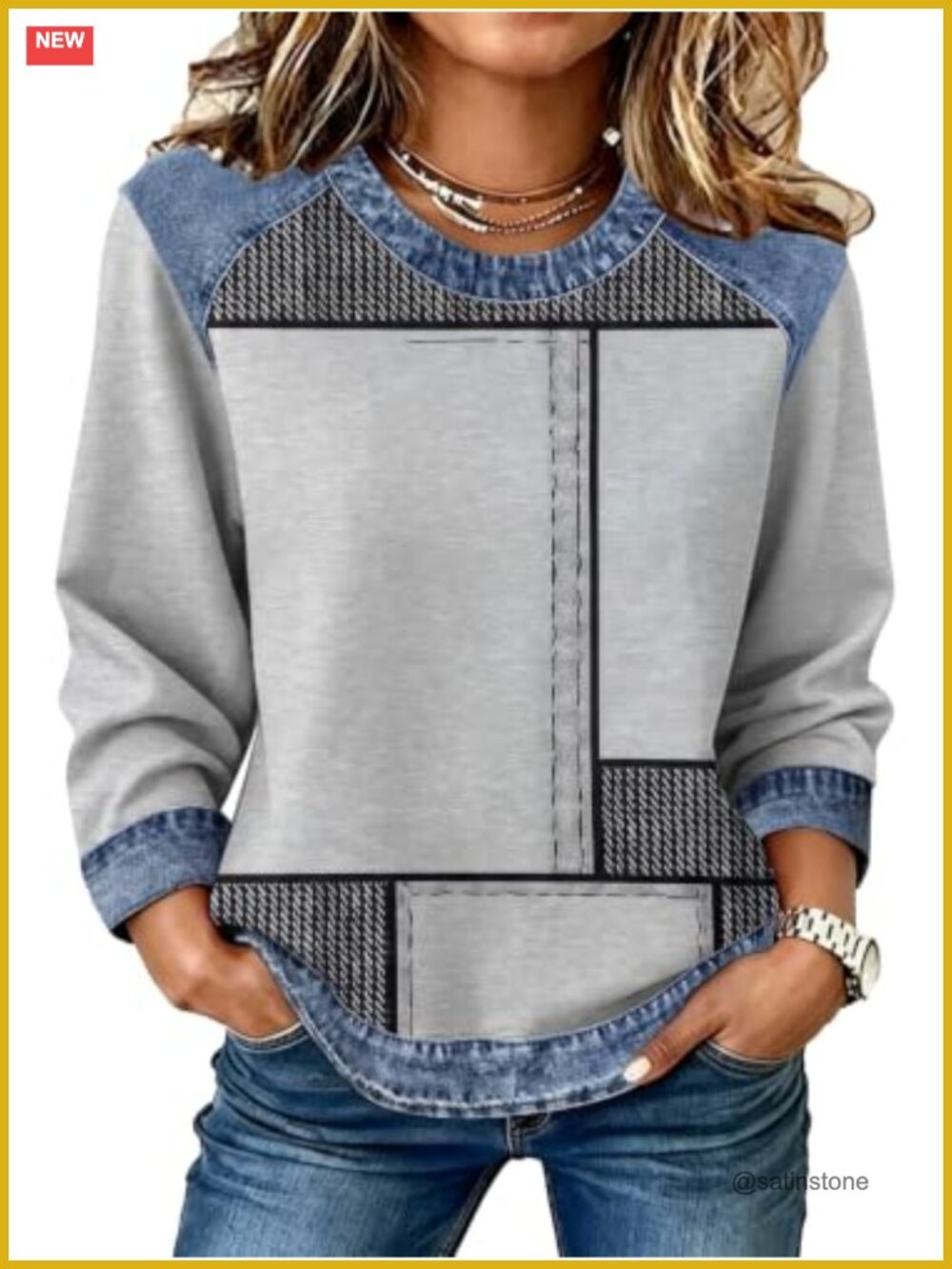 Crewneck Sweatshirt Plaid Striped Denim Patchwork Loose Pullover